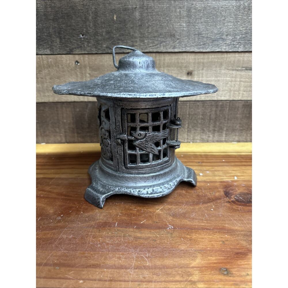Vintage Japanese Lantern Metal Garden Lamp Birds Bamboo Motif Candle Pagoda